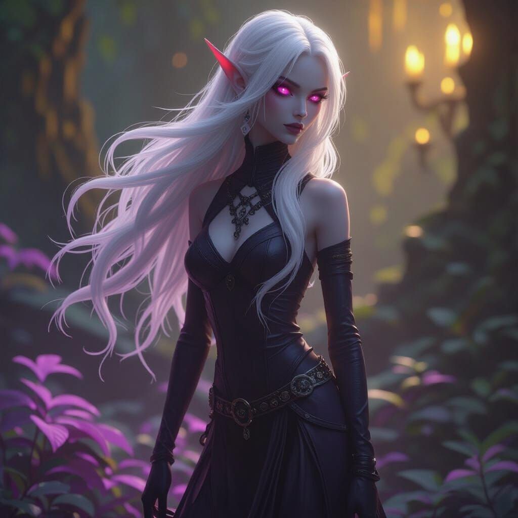 Drow Elf Woman with White Hair and Pink Eyes in Cinematic St...