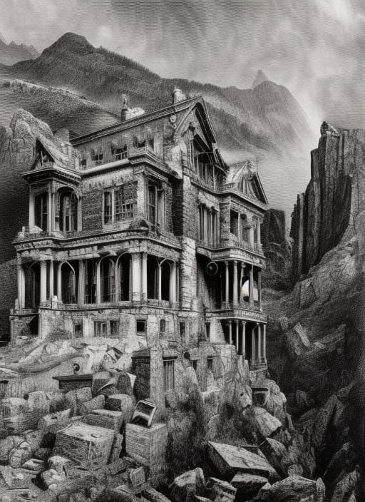 Derelict Victorian Mansion in Copper Engraving Style