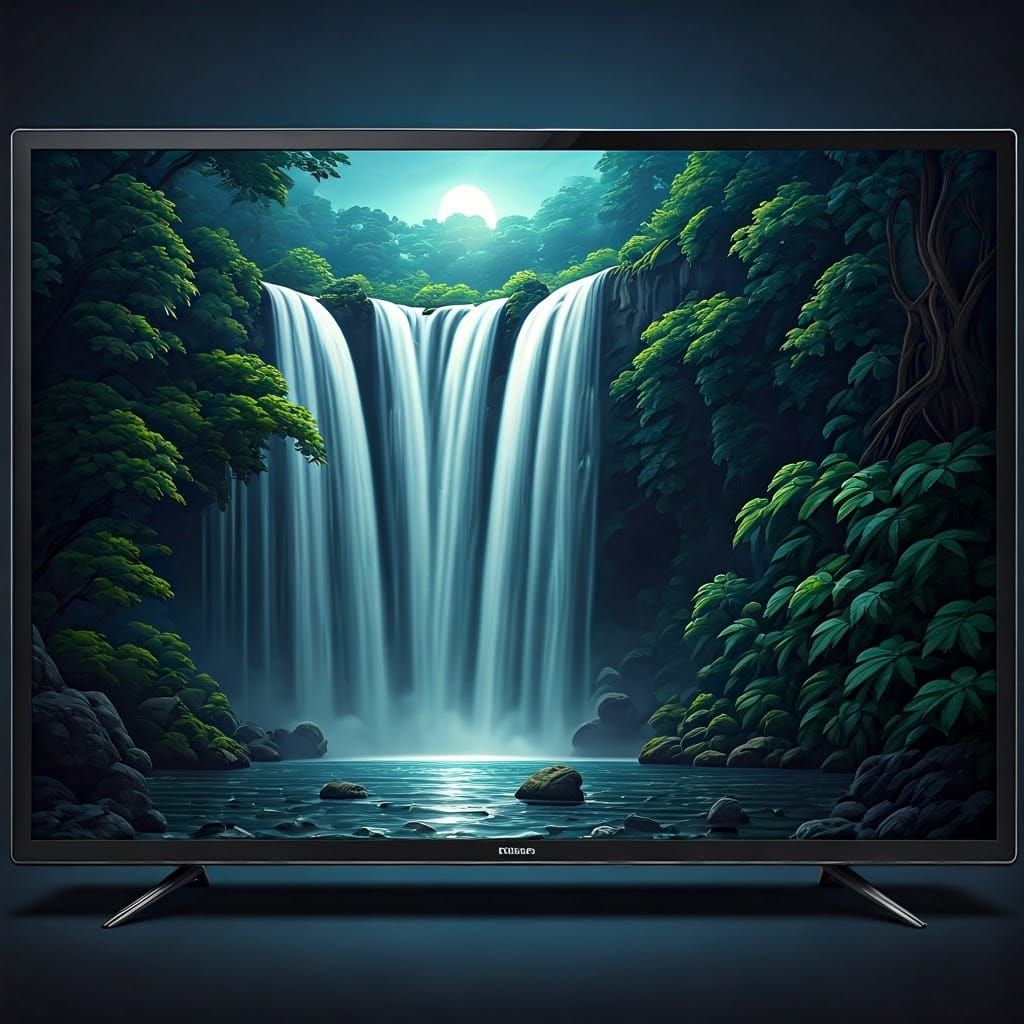 Hyperrealistic Waterfall Inside TV at Night