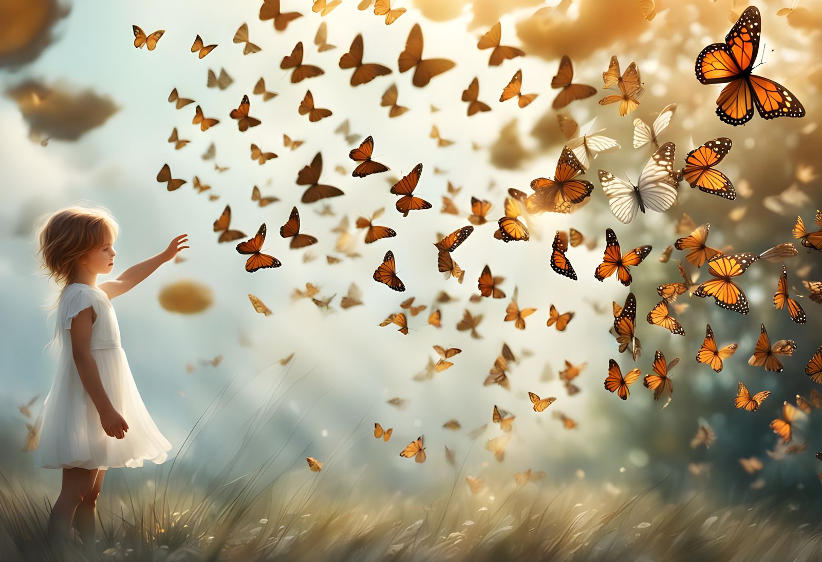 Whimsical Child Reaches for Majestic Butterfly in Fantasy La...