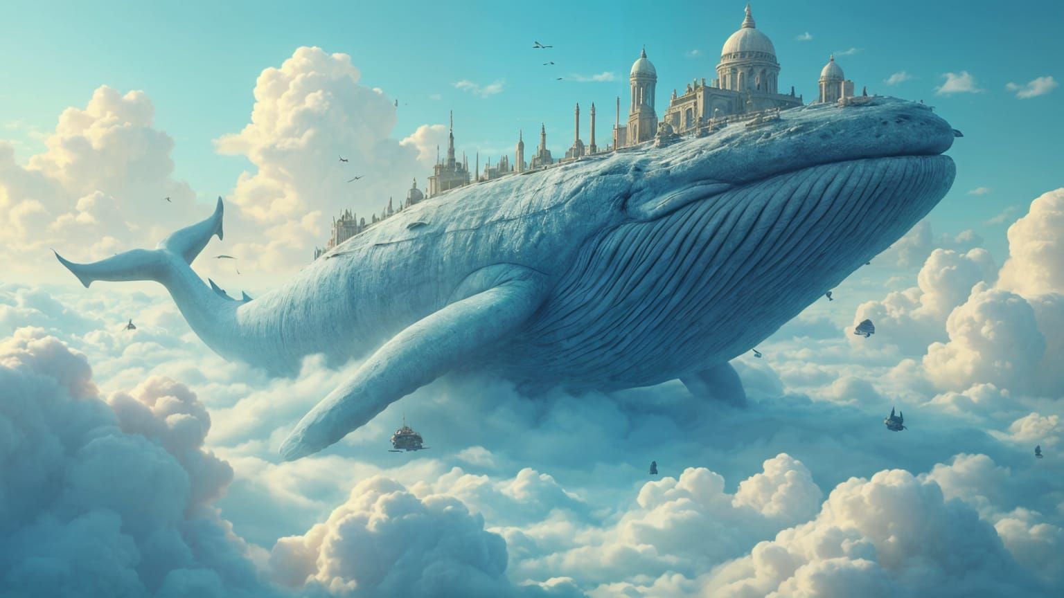 Colossal Whale Breaches From Cloud Sea Adorned With Ruins