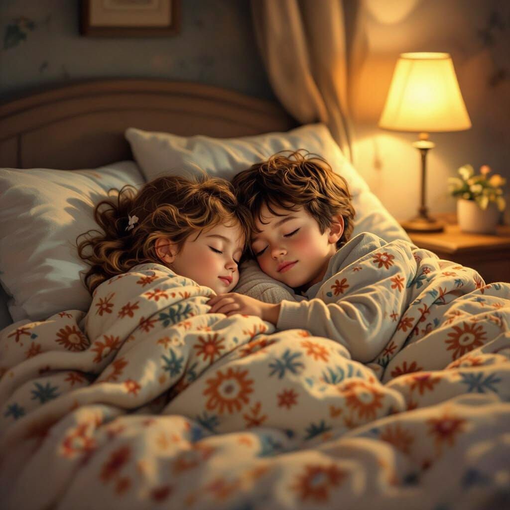 Children Sleeping Peacefully in Cozy Room, Whimsical Illustr...