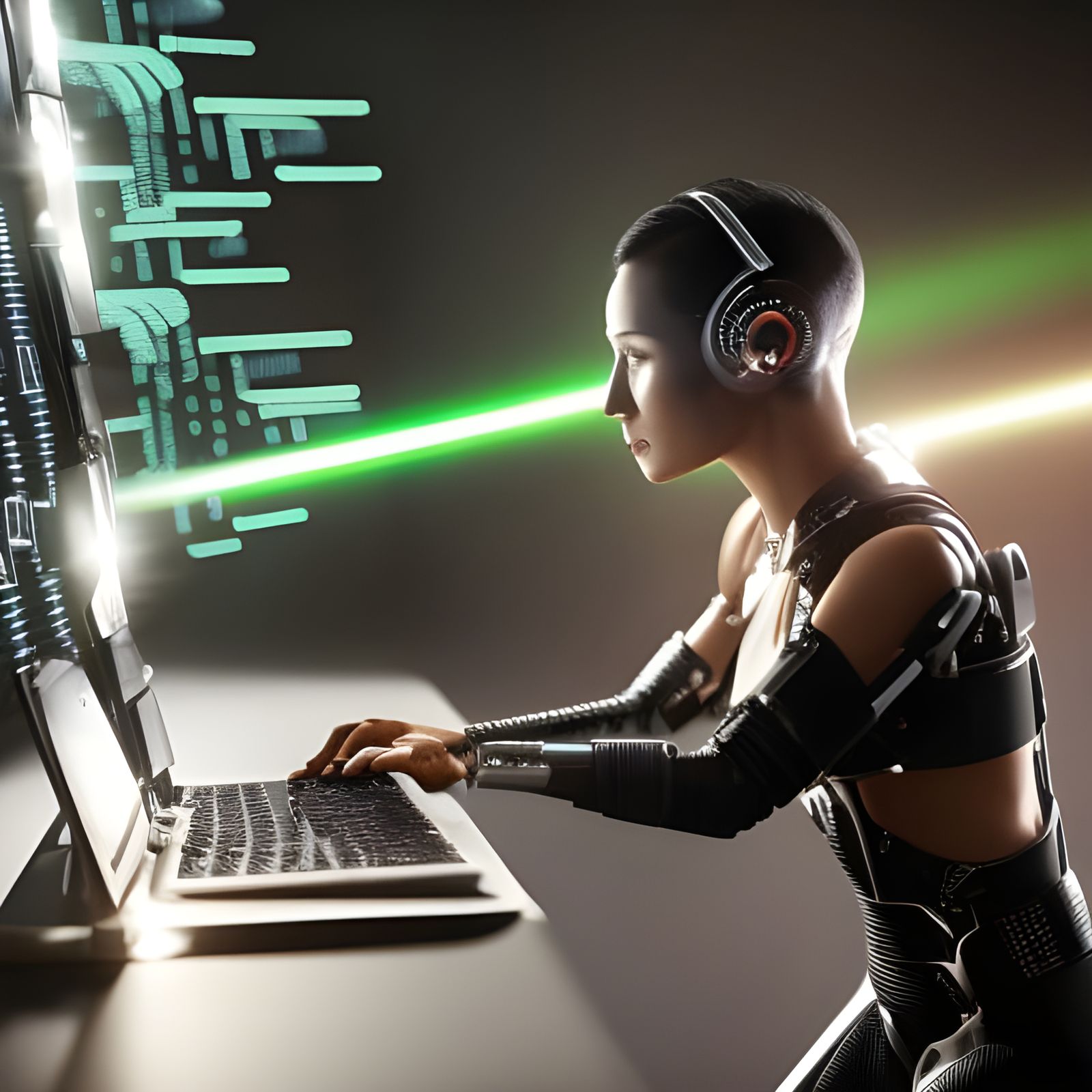 Cyborg Woman Connecting to Computer in Matrix Style