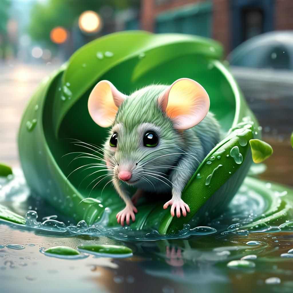 Adorable Mouse Navigates Flooded Street in Rain