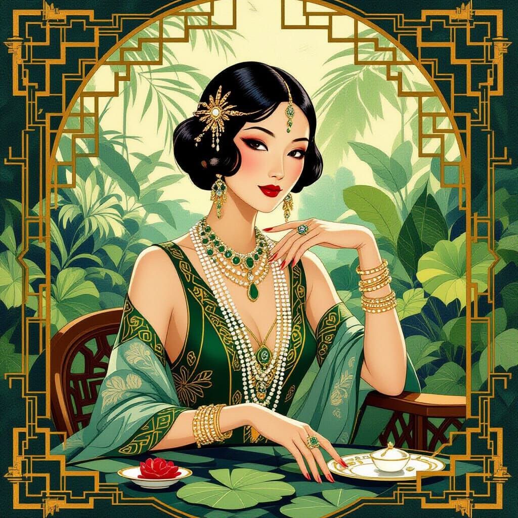 Elegant Asian Woman in Art Deco Garden