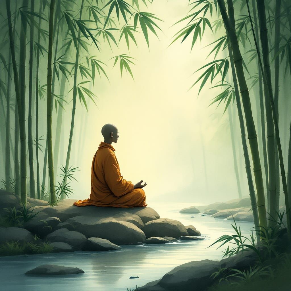 Monk Meditating in Minimalist Bamboo Grove Watercolor
