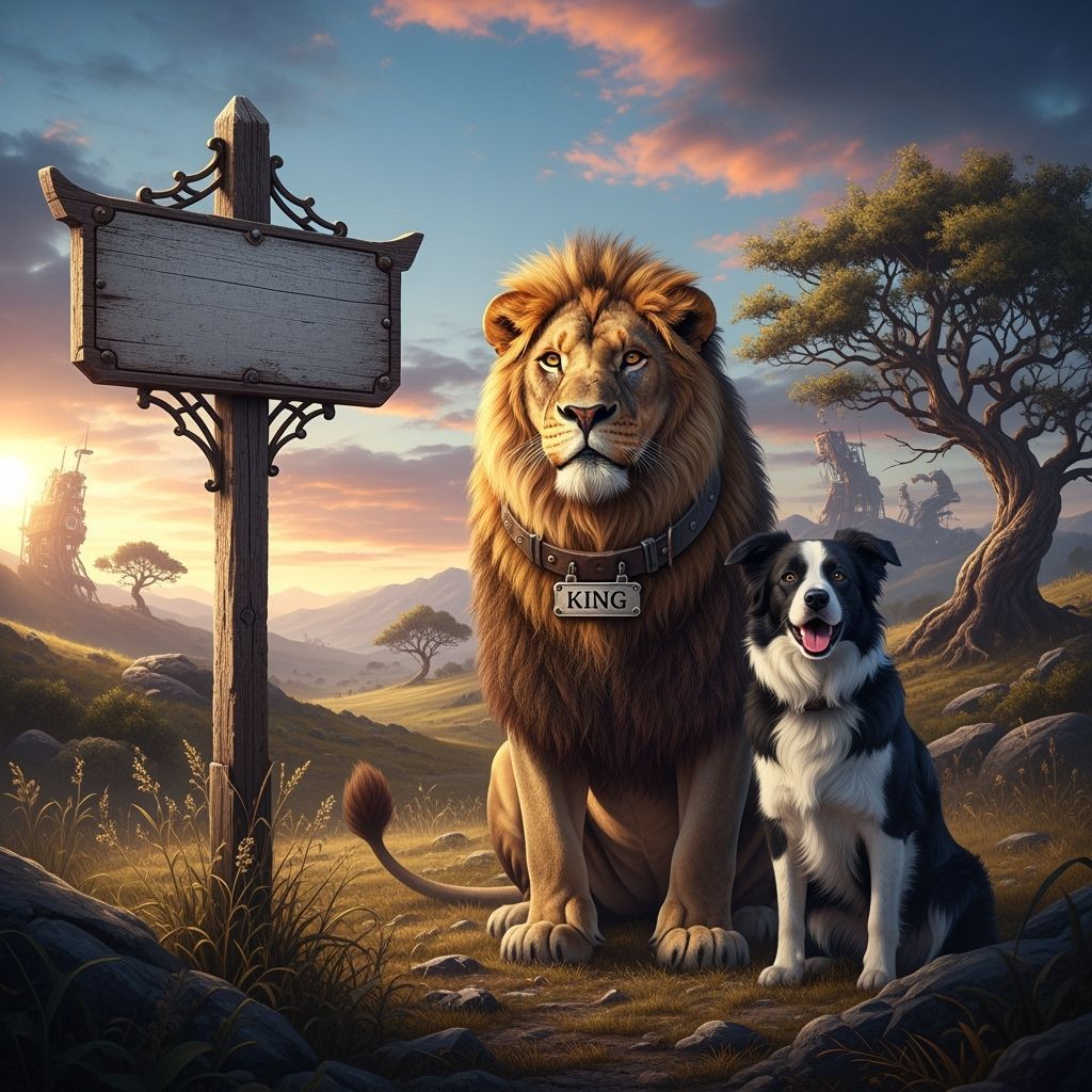 Lion and Border Collie in Realistic Open Landscape