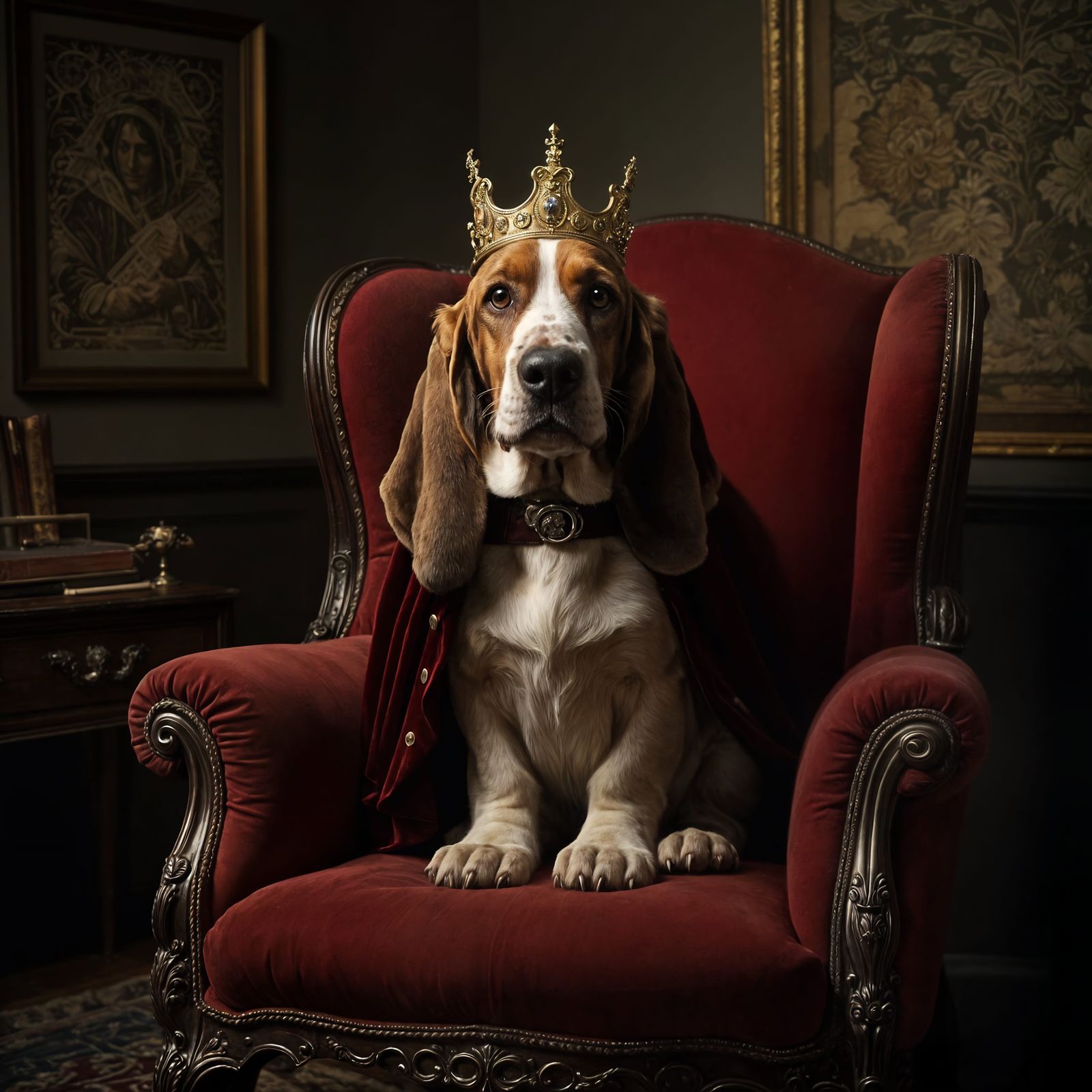 Regal Basset Hound in Velvet Cape on Antique Armchair