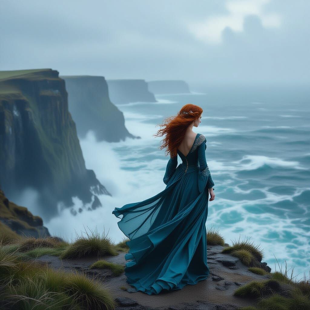Redhead on Windswept Cliff, Atmospheric Cinematic Still