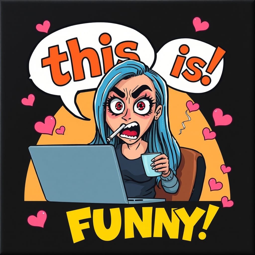 A cartoon woman in the style of R. CRUMB  with long blue hair, sitting  with a laptop, frightened, with a cigarette clen...