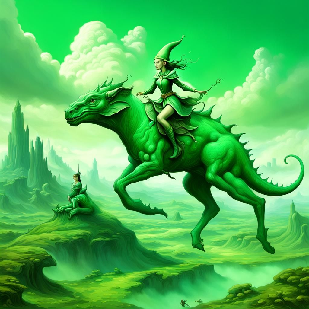 A beautiful female green Elf riding on a green creature in a...