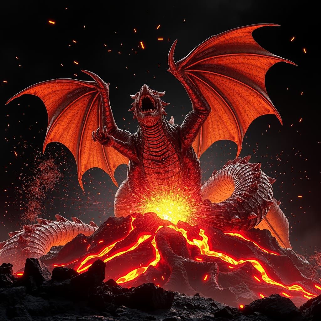A dramatic scene of a colossal dragon emerging from a vulcan...