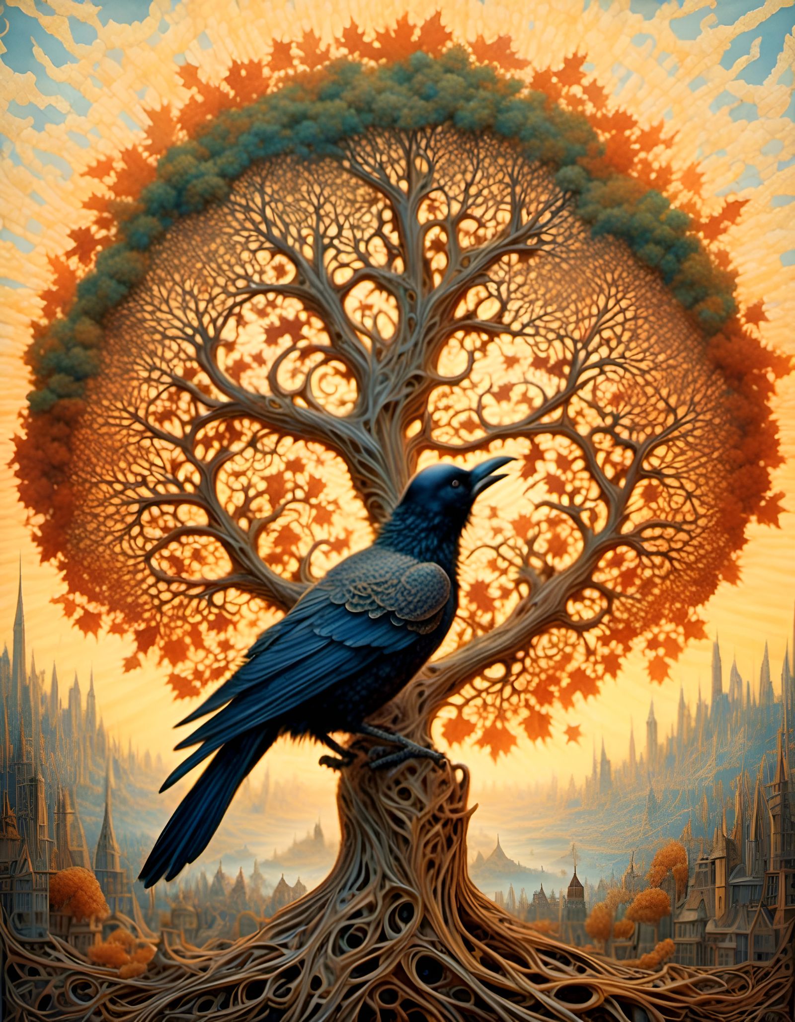 Crow in Maple Tree at Golden Hour, Haeckel Style