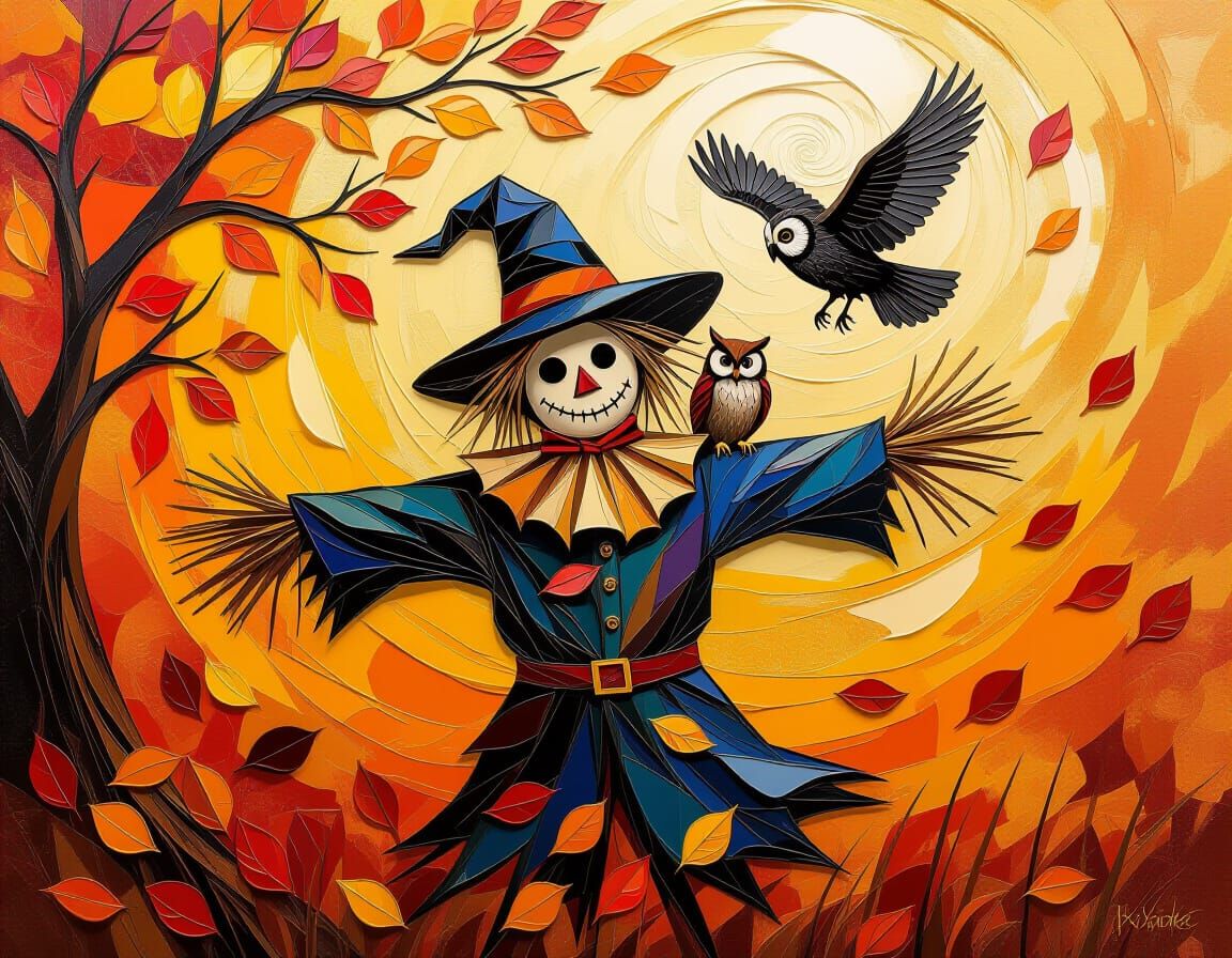 Surreal Scarecrow in Autumn Tempest, Impasto Oil Painting