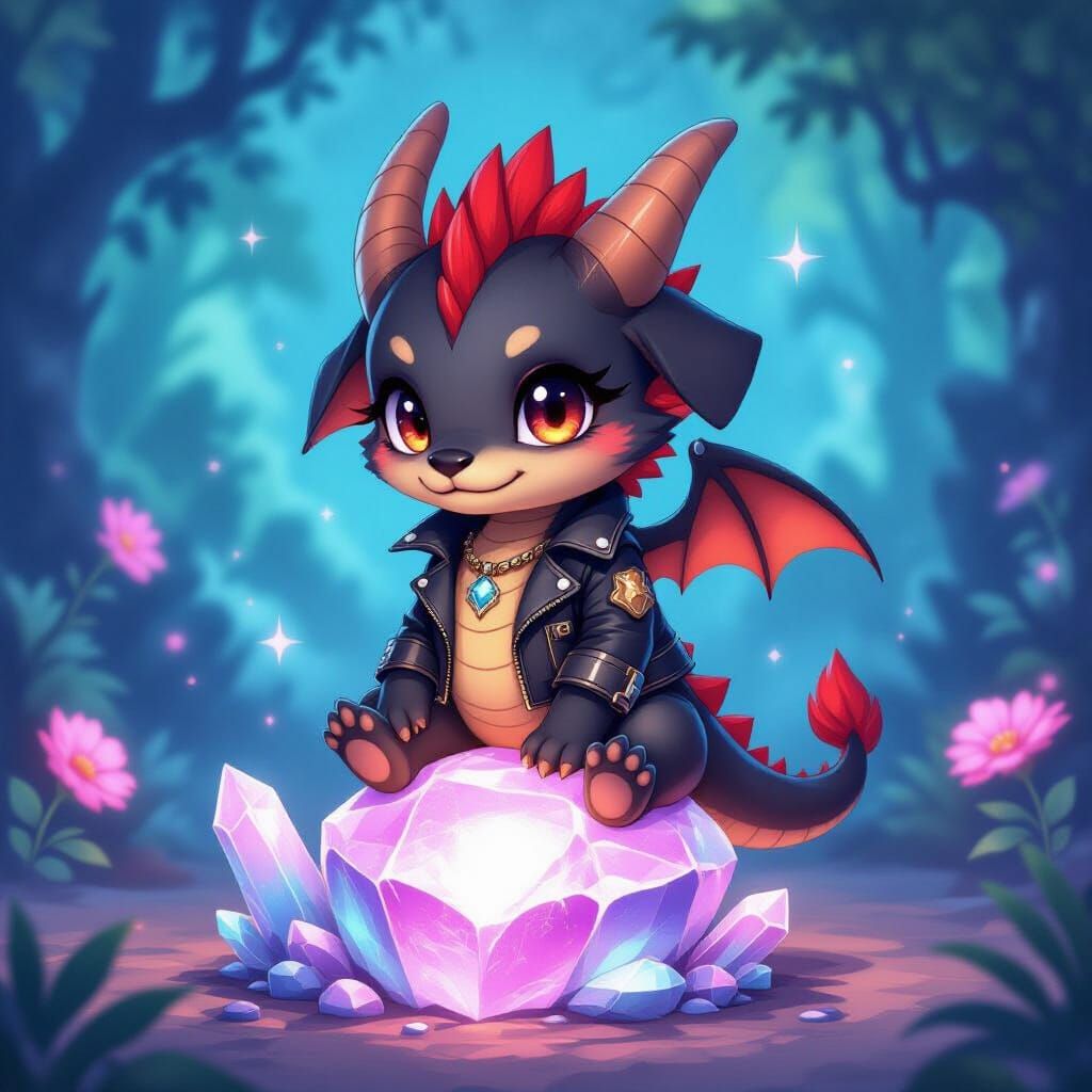 Adorable Chibi Dragon Hound on Mystical Crystal
