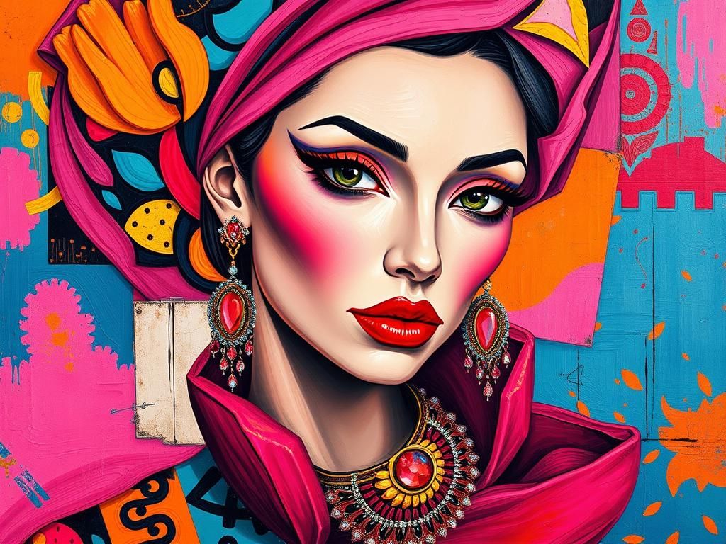 Vibrant Portrait in Folk Art Cubist Expressionist Style