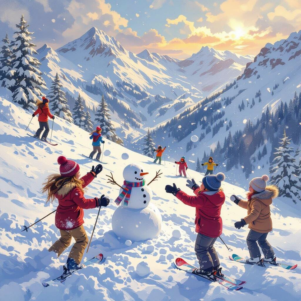 Joyful Winter Skiing and Snowball Fights in Digital Painting