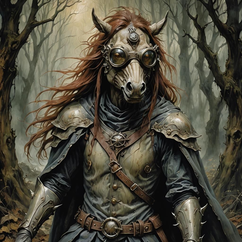 Horror Horse-Man with Goggles in Dark Fantasy Style