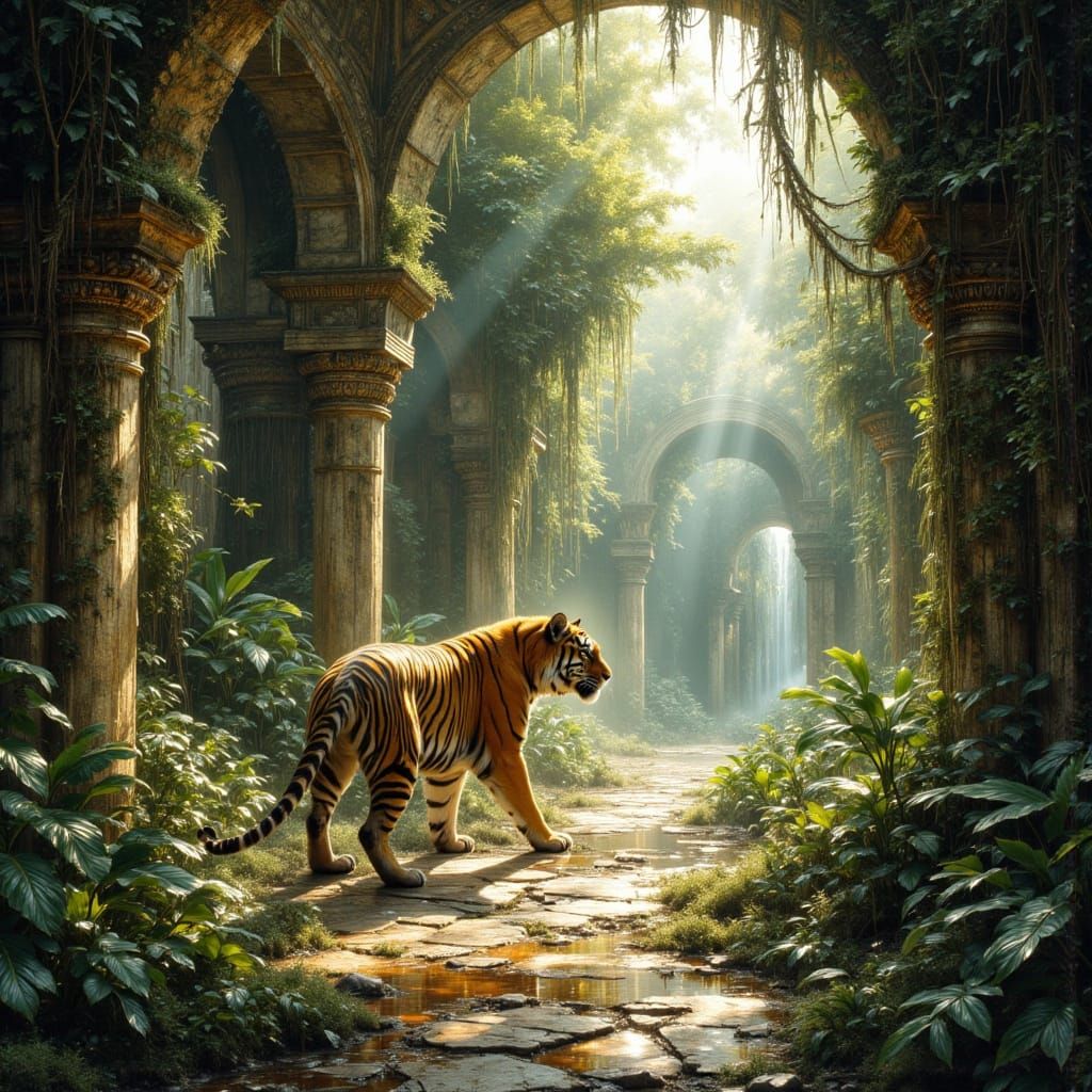 Majestic Tiger in Ruined Jungle Temple, Art Nouveau Style