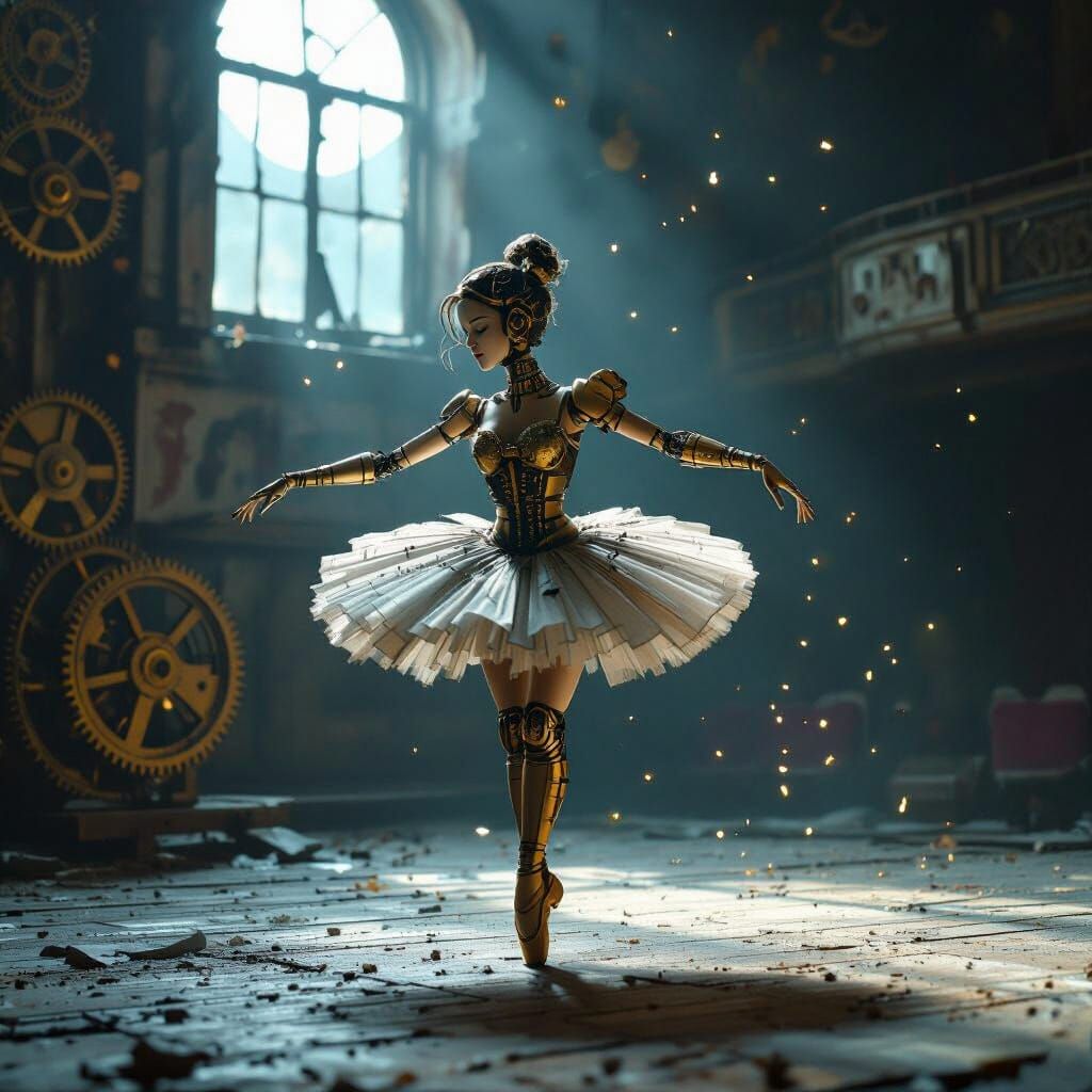 Automaton Ballerina's Melancholic Dance in Decaying Theater