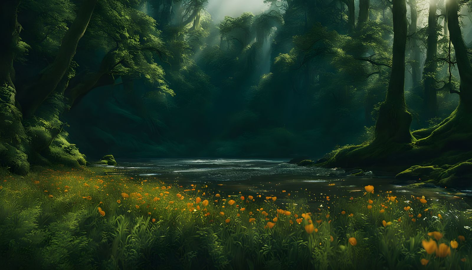 Vibrant Wildflower Forest with River and Otters