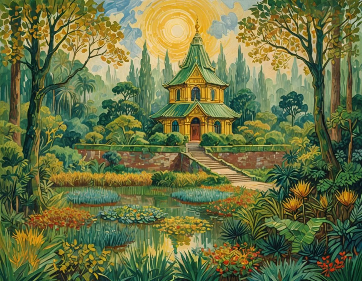 Jungle Temple in Impressionist Gouache Style