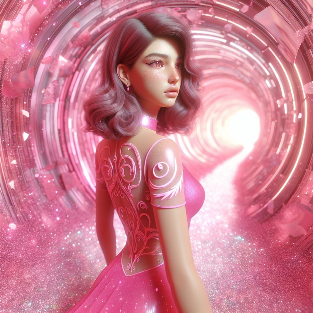 Disney Pixar style 3D beautiful 25 year old woman, expression of melancholy, wearing a bright pink dress with pale pink ...