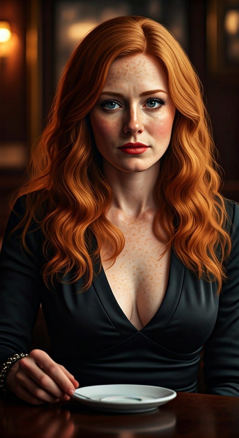 Freckled Red Haired Woman in a Moody Bar Scene