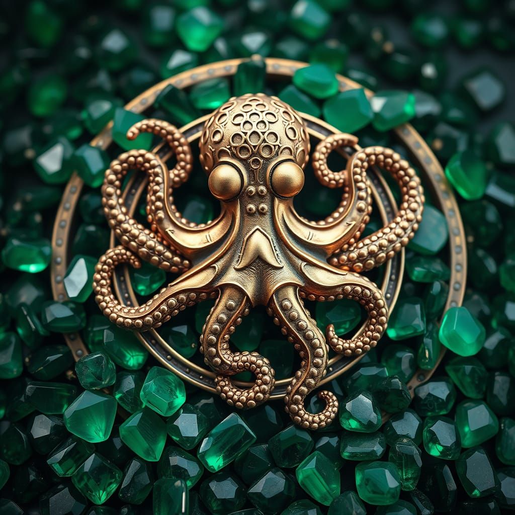 Steampunk Octopus Emblem in Emerald and Jade