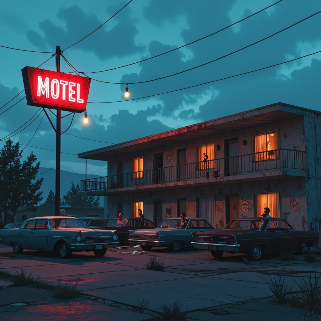 Seedy Motel Scene with Flickering Neon Sign