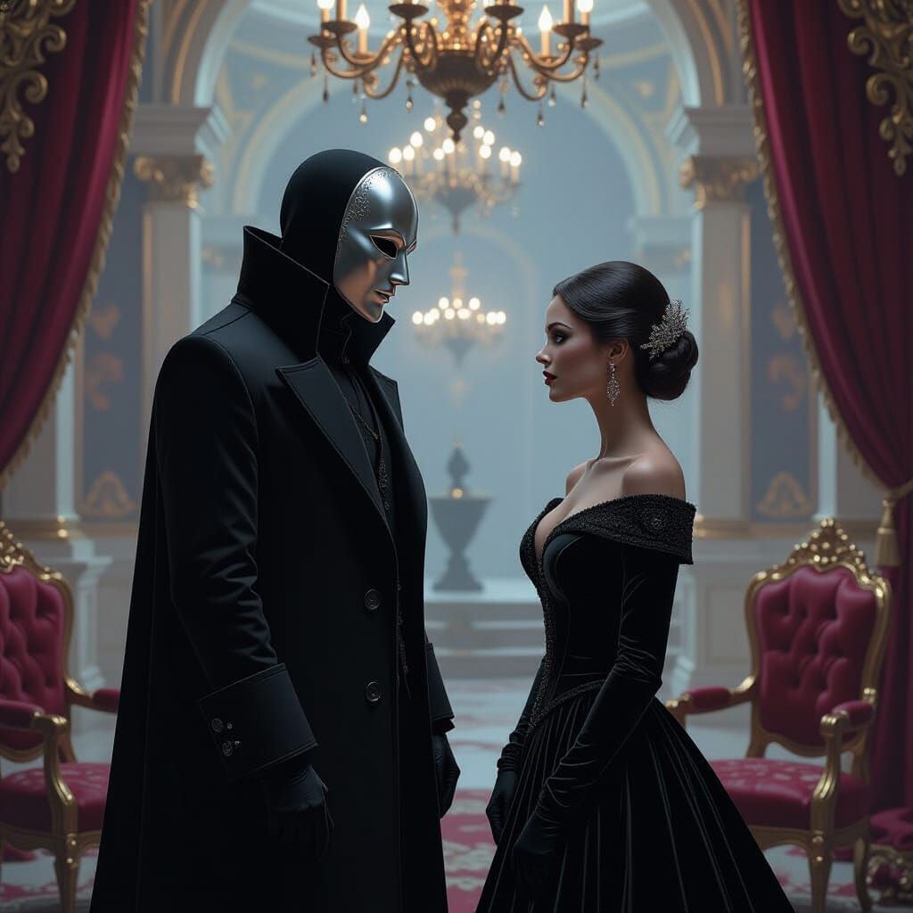 Masked Figure in Lavish Room: Digital Art