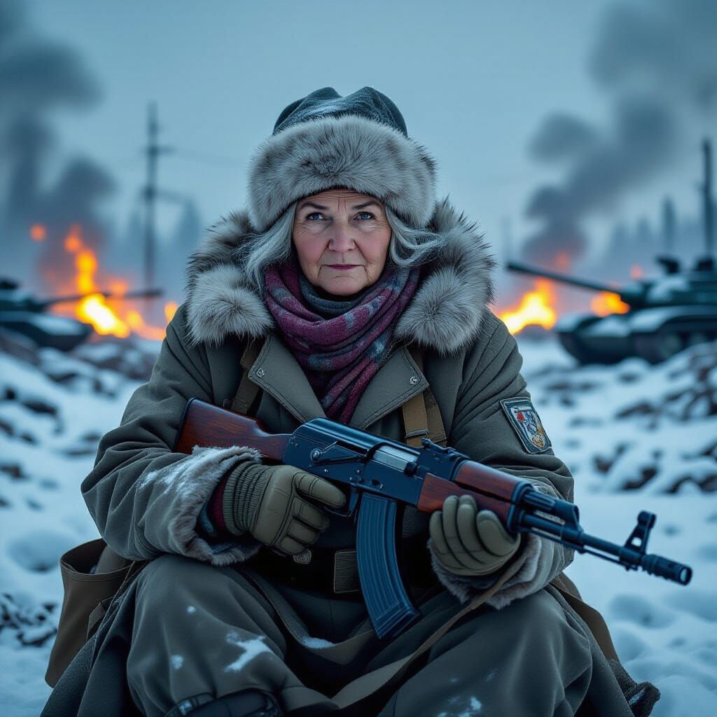 Tough Russian Grandma on Battlefield with AK-47