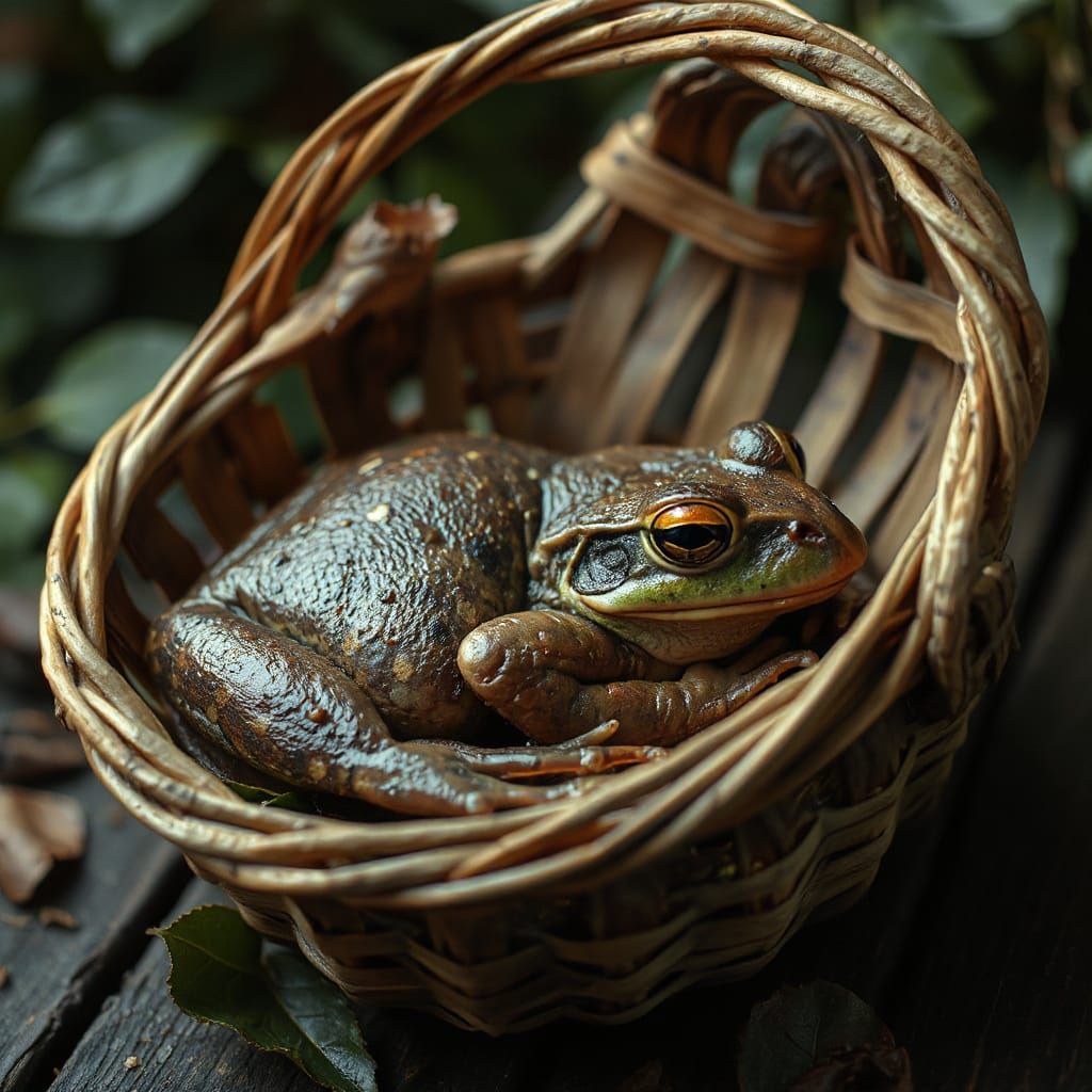 Restful Frog Sleeping Peacefully in Wicker Basket