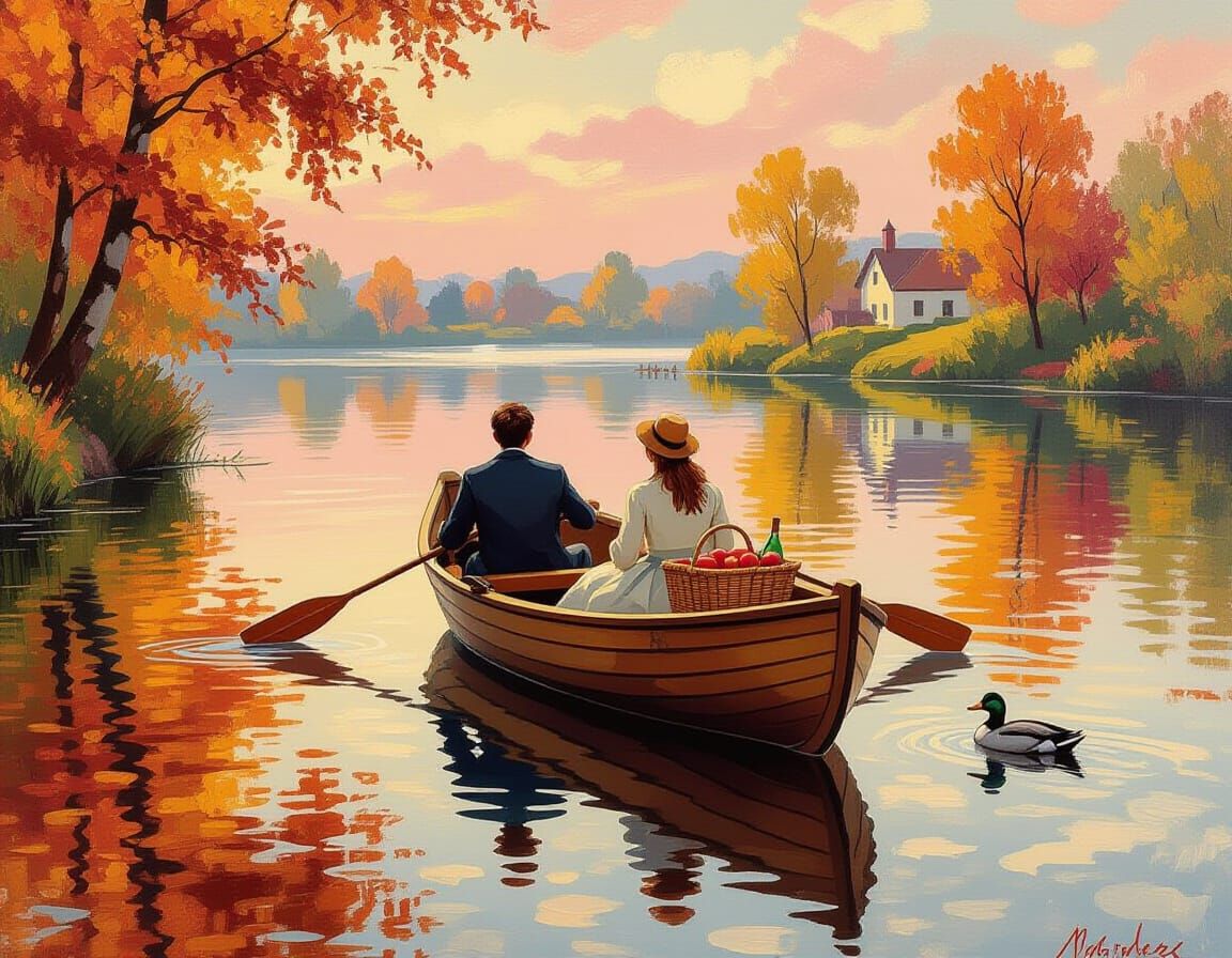 Romantic Couple on Lake in Impressionist Autumn Painting