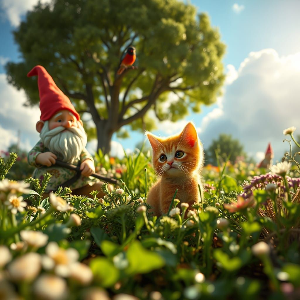 Gnomes Harvest Fennel in Whimsical Garden Scene