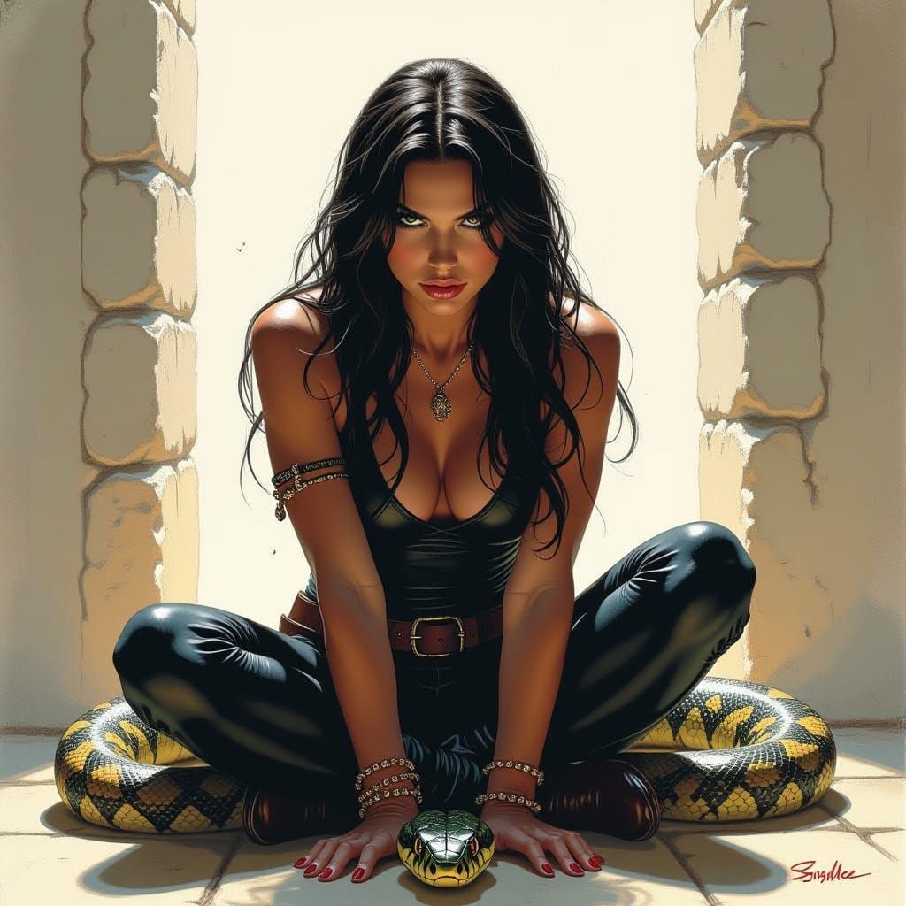 Horror Scene: Woman Confronts Serpent in Dramatic Lighting