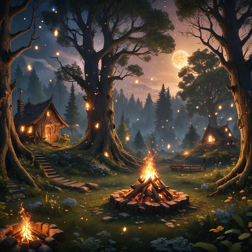 Bonfire in Fairy Forest Under Starry Sky