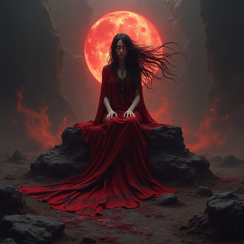 Blood Goddess on Throne in Biomechanical Style