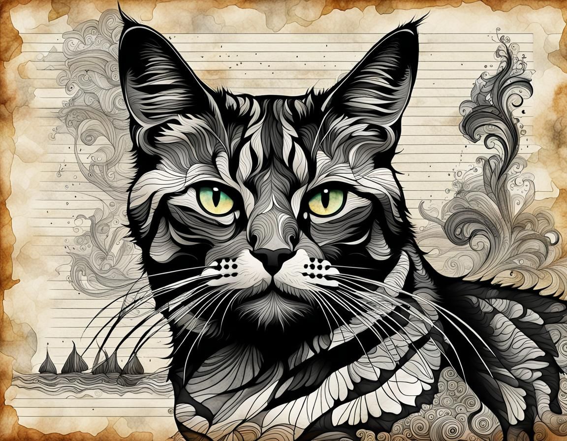 Vintage Parchment with Maine Coon Smoke Cat