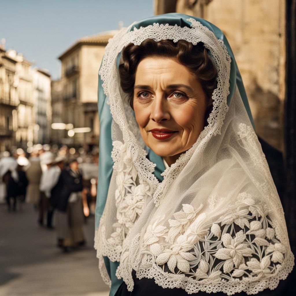 A lady in Spain wearing a hand-embroidered lace mantilla