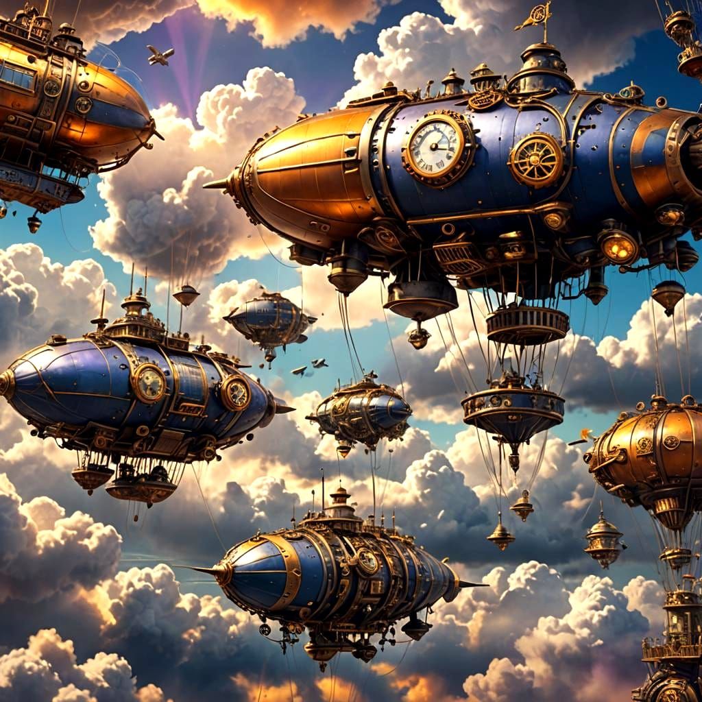 Steampunk Clockwork Airship Battle in Cloudy Sky