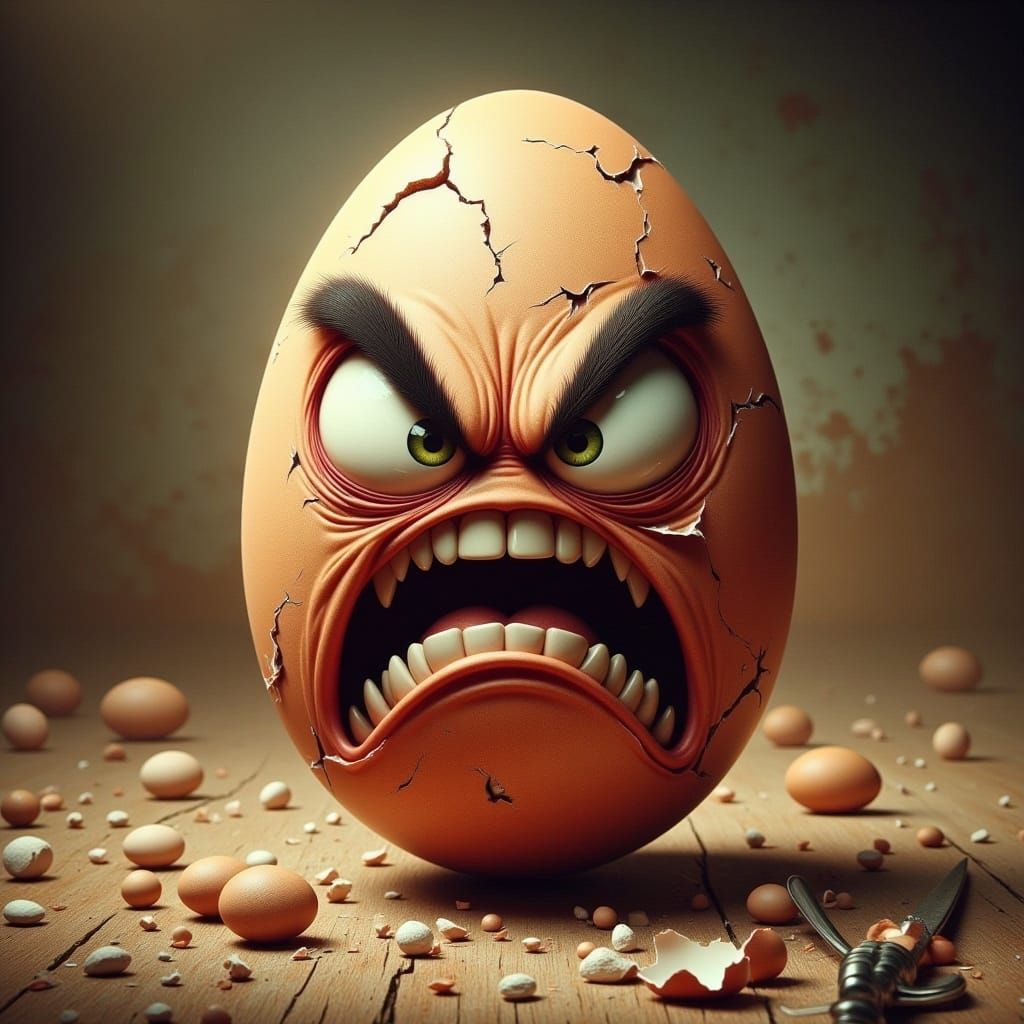 Furious Egg Shouting in Rage: Whimsical Illustration
