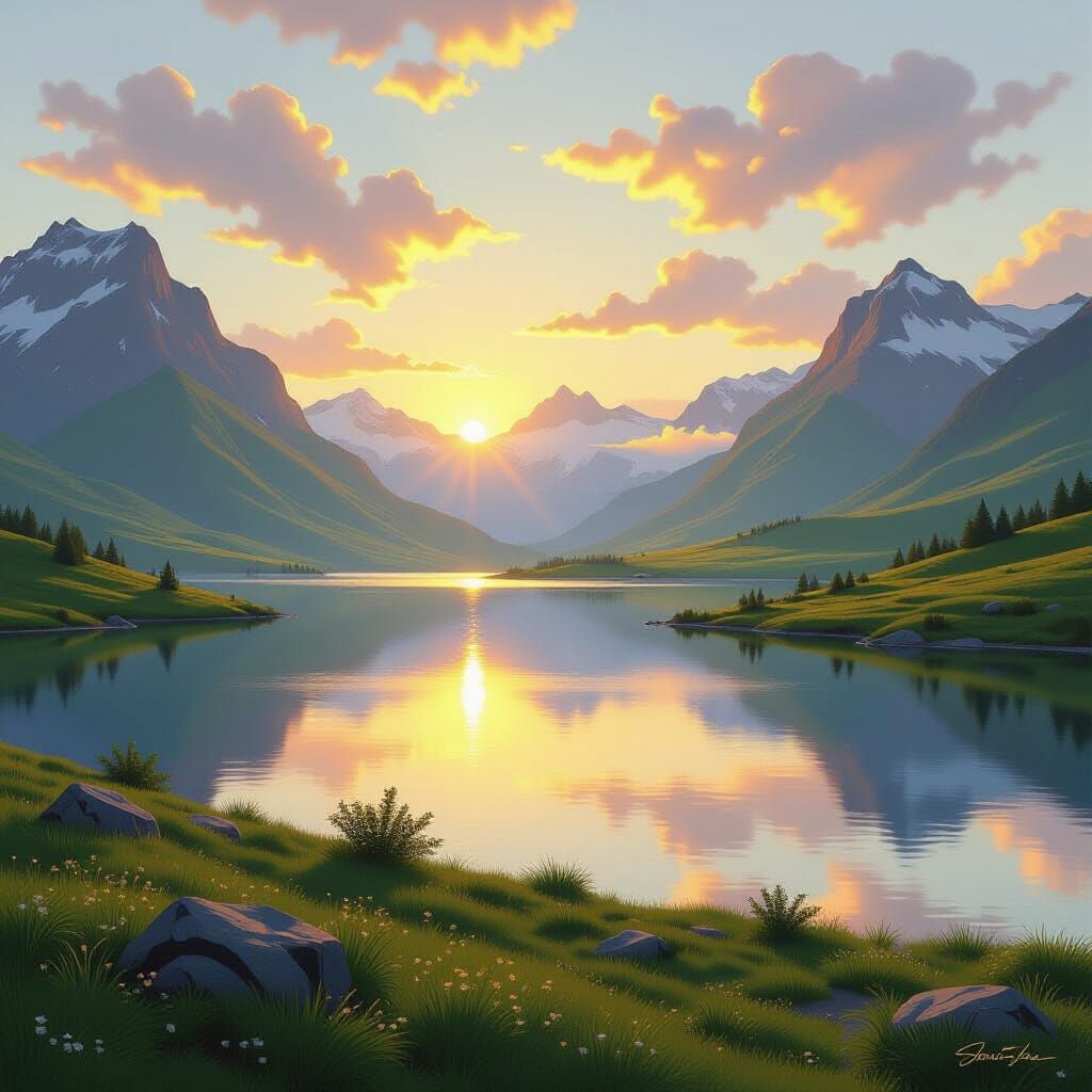 Serene Golden Hour Landscape with Majestic Mountains