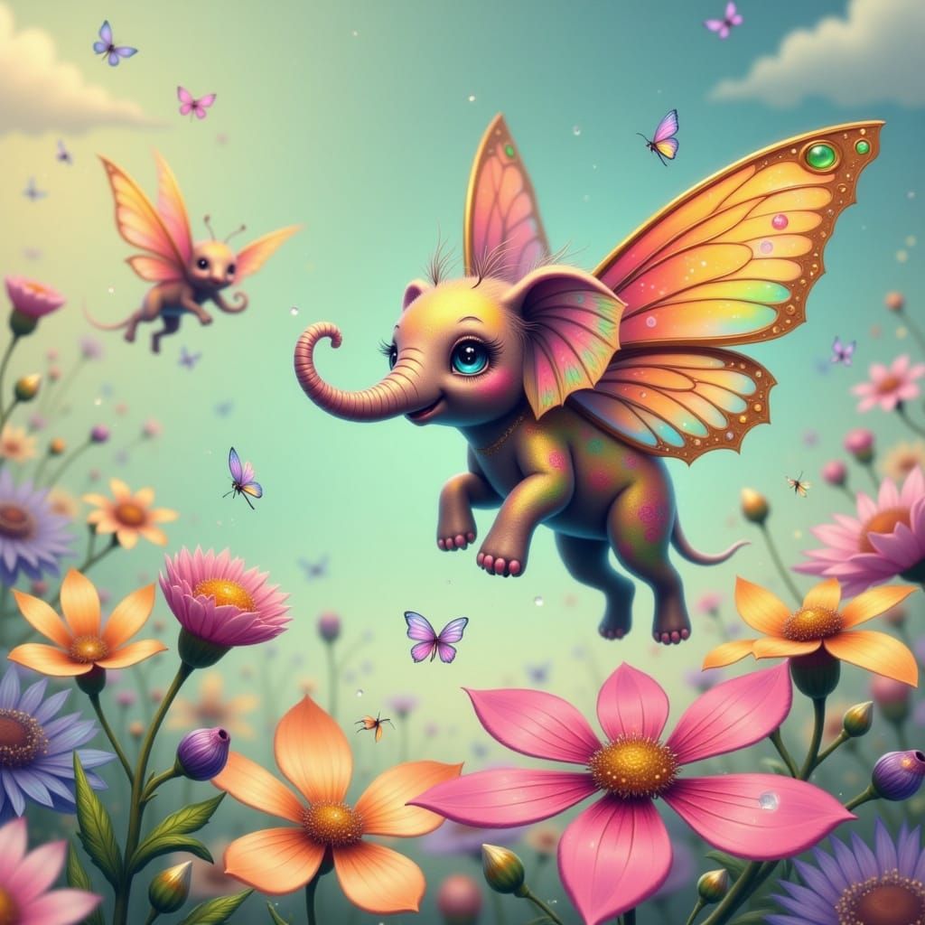 Whimsical Winged Elephants Dance Amidst Vibrant Floral Wonde...