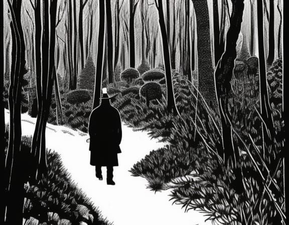 Old Mage Walking in Forest, Ink Comic Art