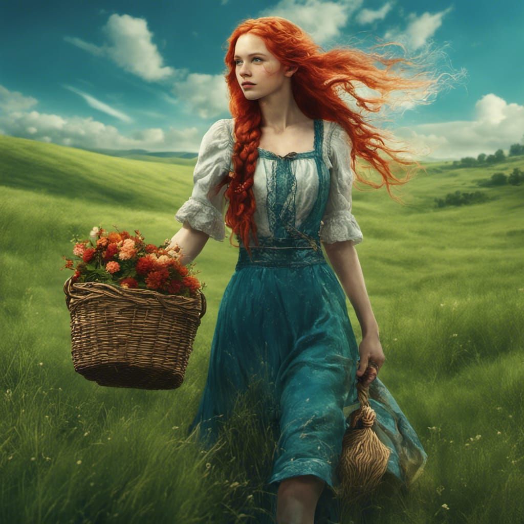 Girl With Flowers in Meadow, Fantasy Concept Art