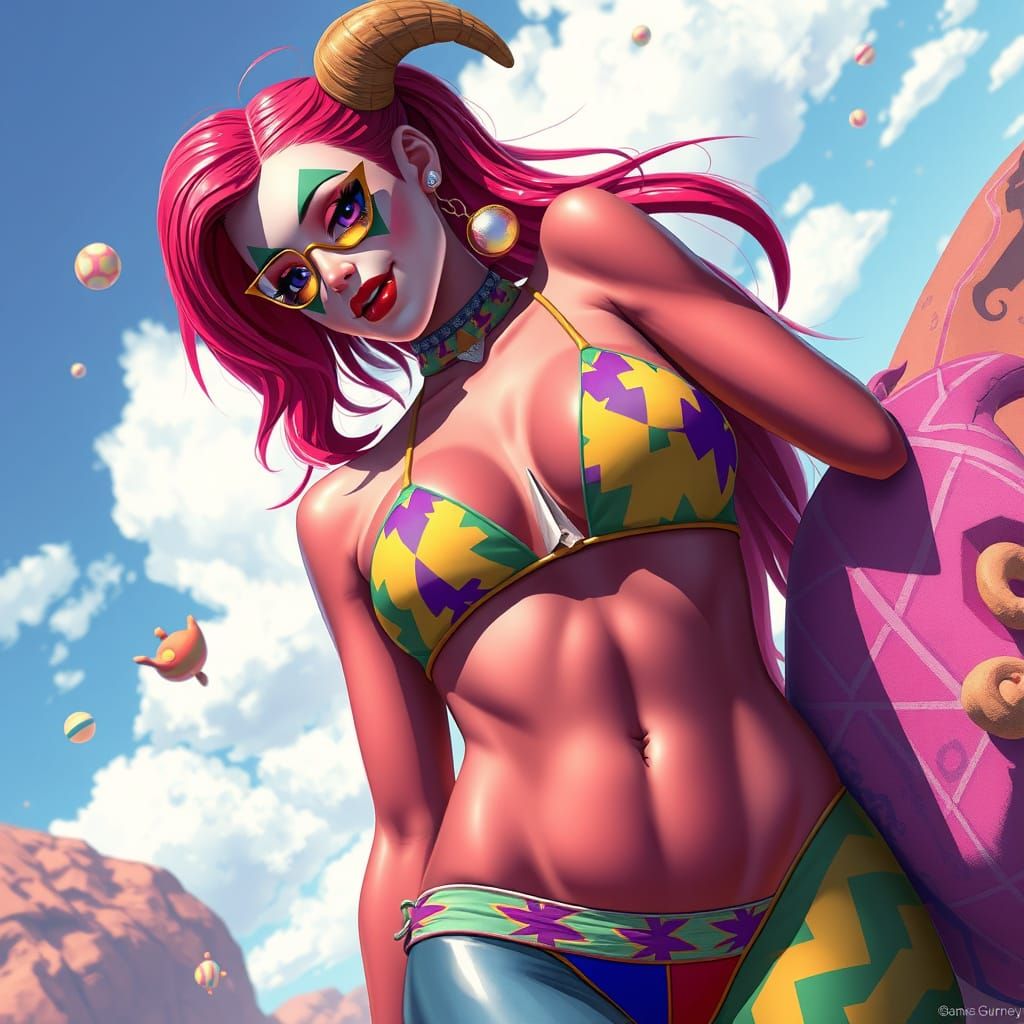 Futuristic Harlequin in Colorful Bikini