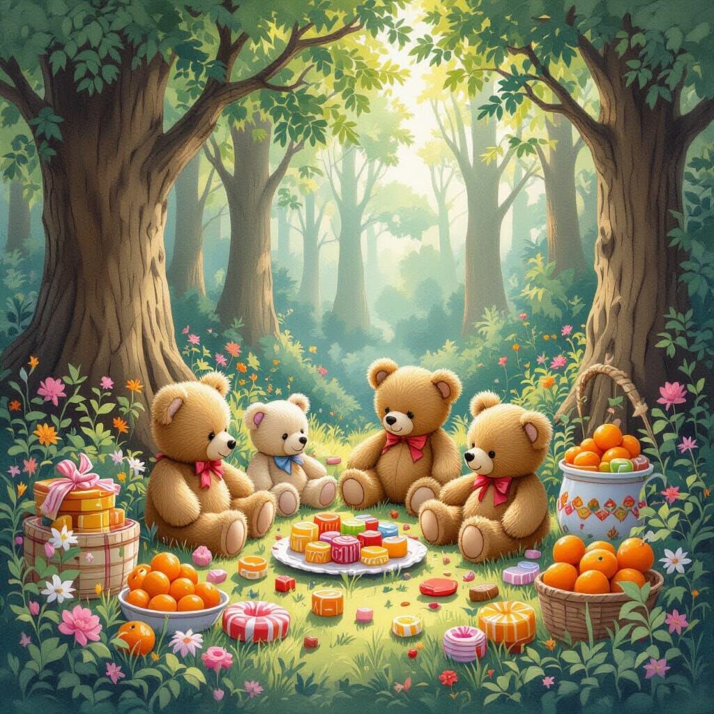 Whimsical Forest with Teddy Bears and Treats