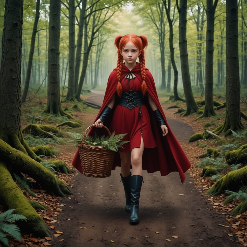 Fantasy Art: Girl with Red Pigtails in Enchanted Woods