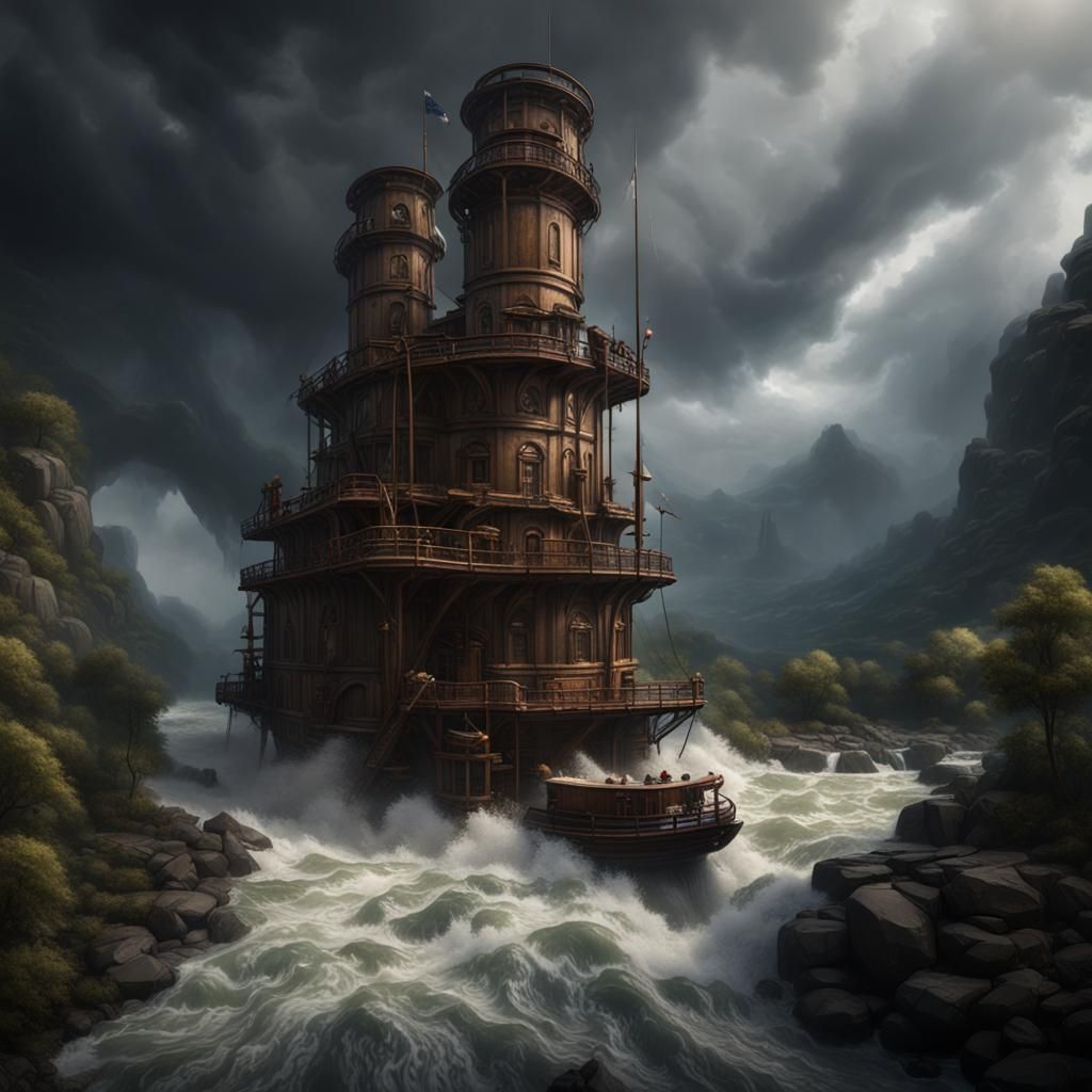 Fantastical Steamboat Navigates Raging Waterfall Storm